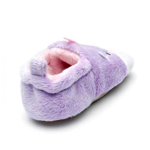 A pull on girls slipper by Chipmunks, style Rainbow, with unicorn design in lilac, white and pink. Angled view.