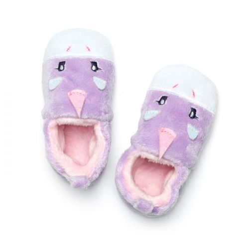 A pair of pull on girls slippers by Chipmunks, style Rainbow, with unicorn design in lilac, white and pink. Above view.