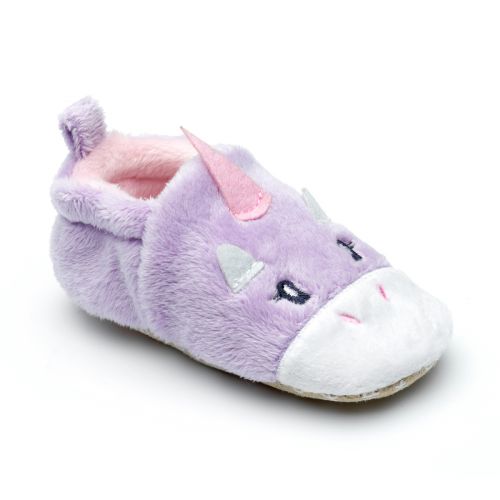 A pull on girls slipper by Chipmunks, style Rainbow, with unicorn design in lilac, white and pink. Left angled view.