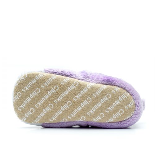 A pull on girls slipper by Chipmunks, style Rainbow, with unicorn design in lilac, white and pink. View of sole.