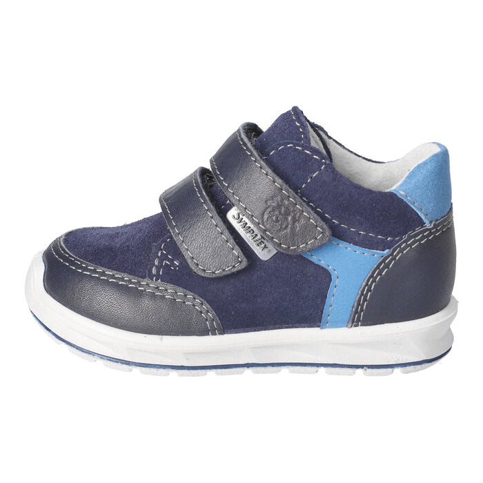 A boys waterproof boot by Ricosta, style Carlo, in blue multi with double velcro fastening. Right side view.