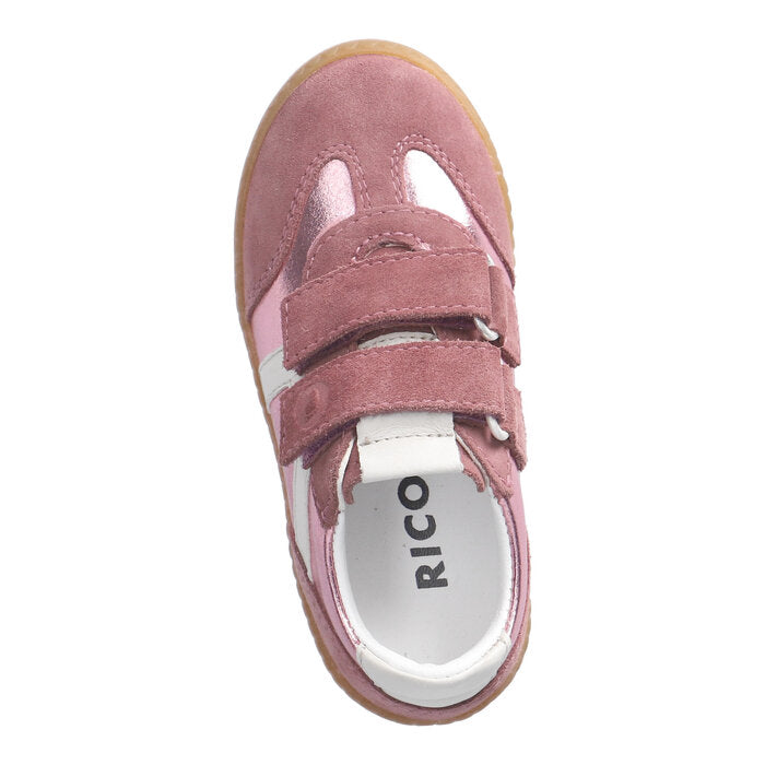 A girls casual shoe by Ricosta, style Dakota in sugar/metallic with two velcro straps, suede front and ankle and metallic effect. Top view