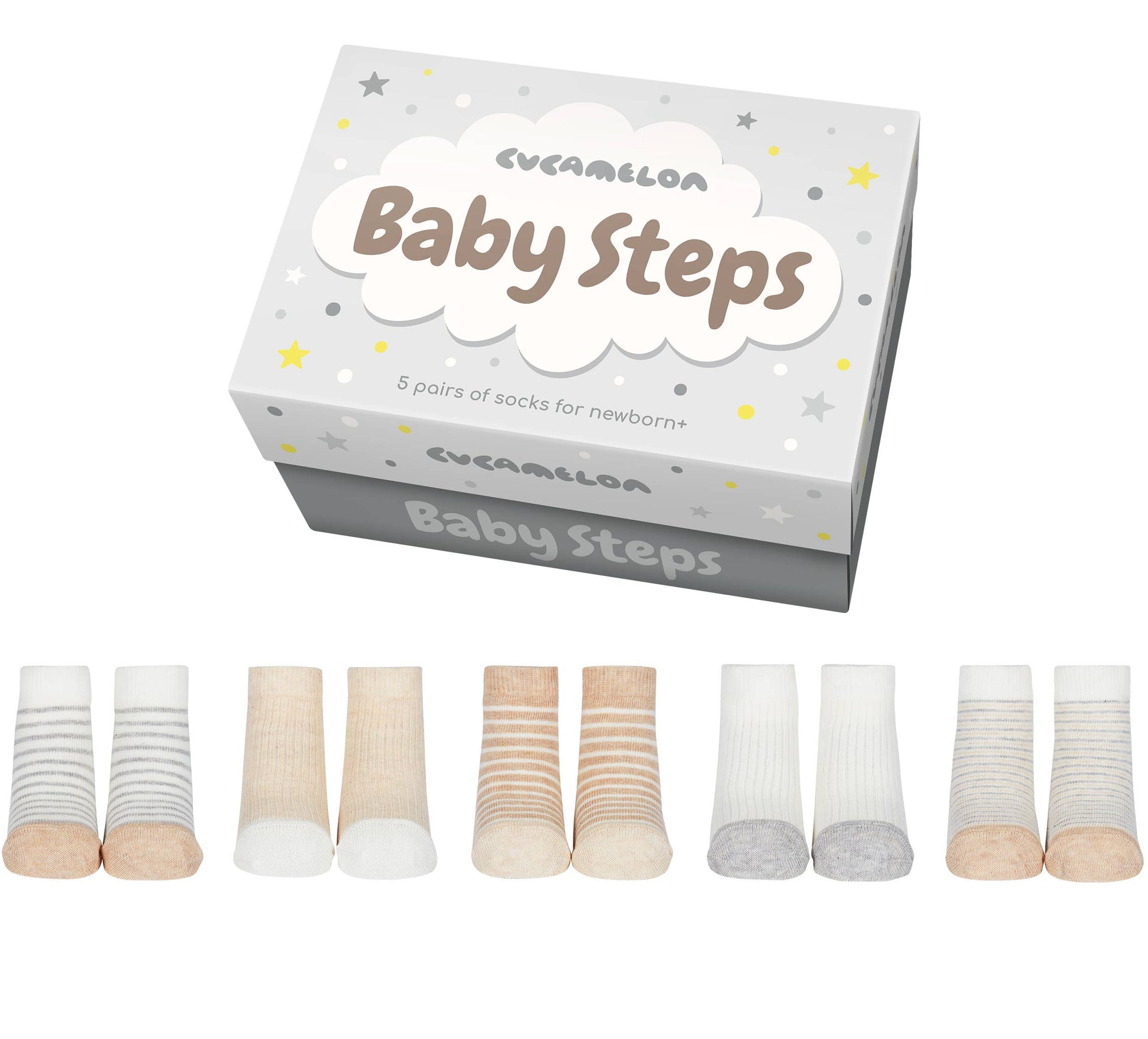 5 pairs of grey ,white and beige striped and plain socks by Cucamelon and grey and white Baby Steps gift box. Front view.