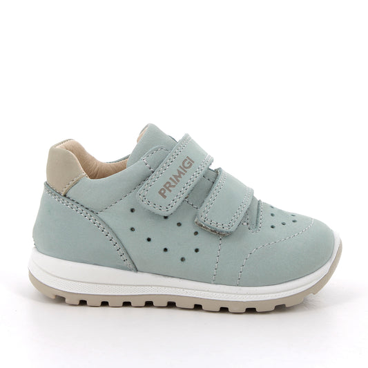 A girls trainer by Primigi, style Baby Tiguan 5855744, in pale green nubuck with velcro fastening. Right side view.