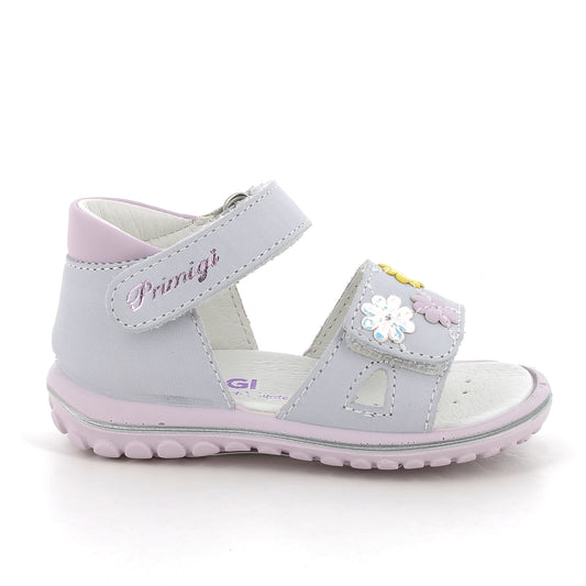 A girls sandal by Primigi, style Baby Sweet 586522, in grey leather with multi coloured flower trim. Right side view.