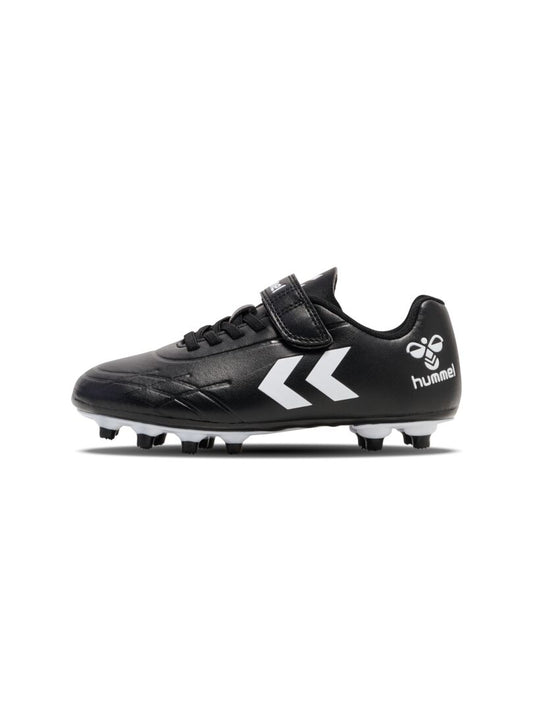 A firm ground football boot by Hummel, style Top Star F.G JR 216568-2042, in black and white with elastic lace and velcro fastening. Right side view.