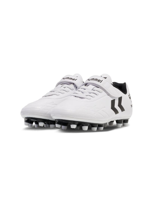 A firm ground football boot by Hummel, style Top Star F.G JR 216568-9001, in white with elastic lace and velcro fastening. Angled right side view of pair.