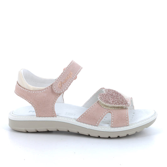 A girls open toe sandal by Primigi, style Alanis 5887211, in pale pink suede leather with velcro fastening. Right side view.