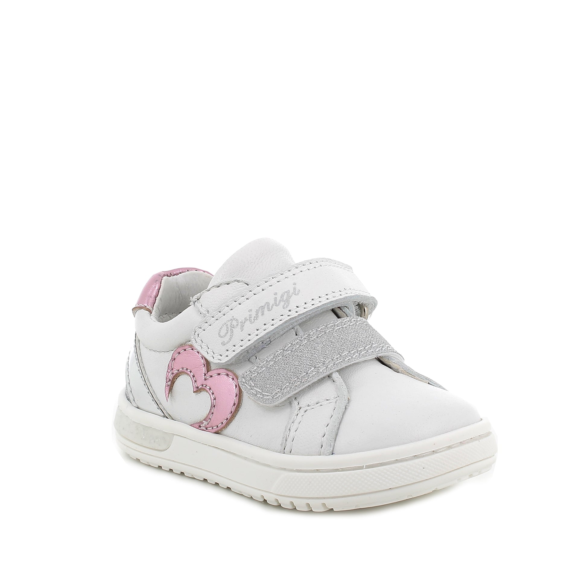 A girls casual shoe by Primigi, style Baby Dude 5905222, in white, pink and silver leather with double velcro fastening. Angled view.