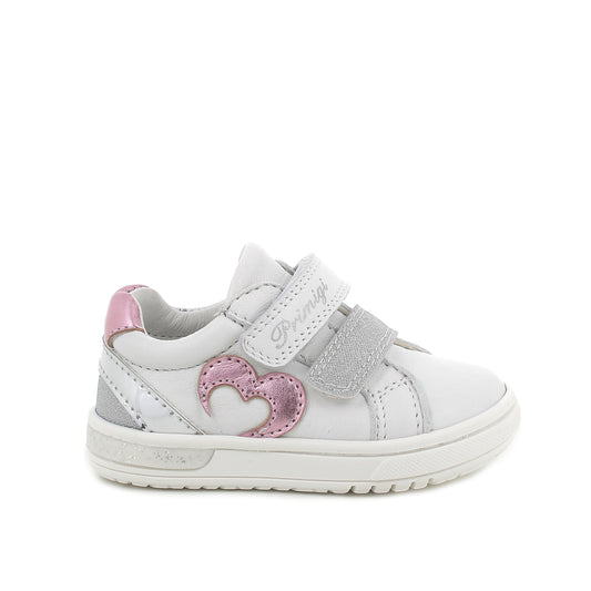 A girls casual shoe by Primigi, style Baby Dude 5905222, in white, pink and silver leather with double velcro fastening. Right side view.