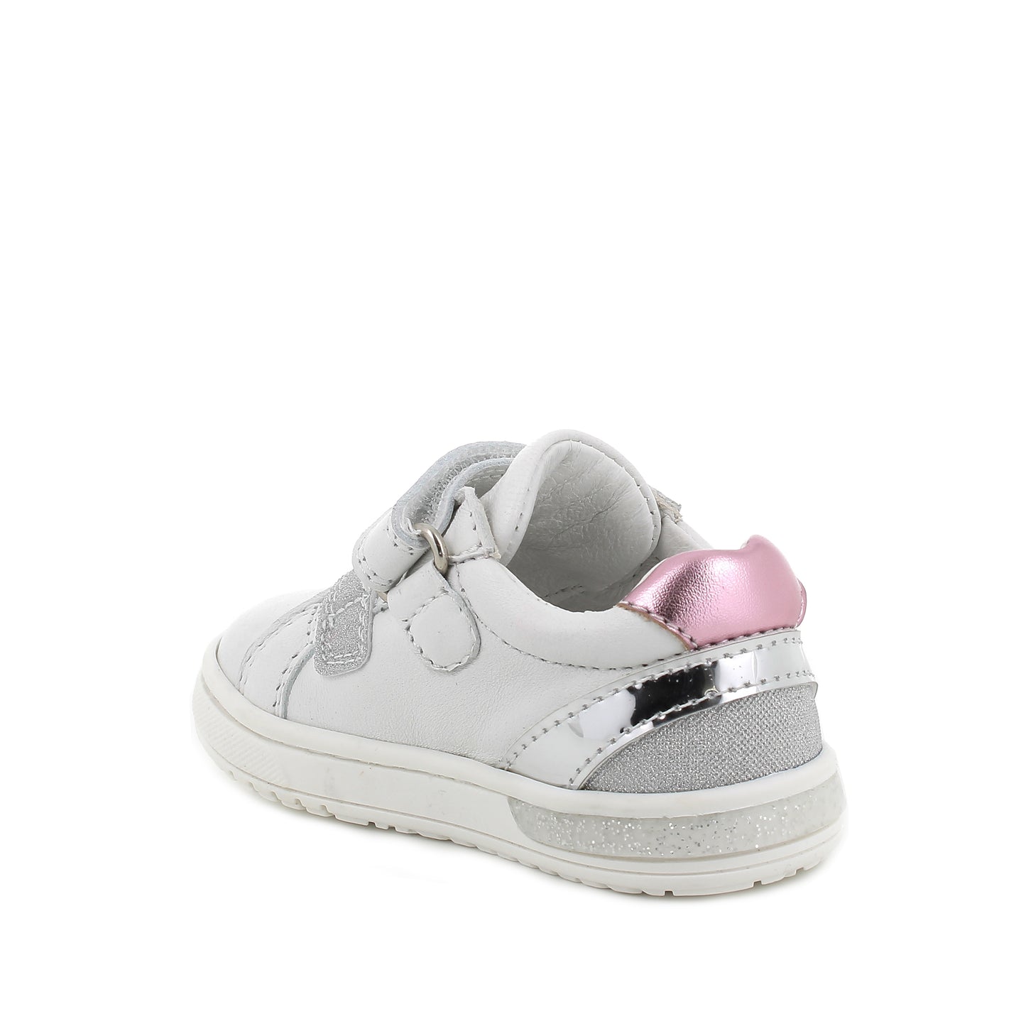 A girls casual shoe by Primigi, style Baby Dude 5905222, in white, pink and silver leather with double velcro fastening. Angled view of left side.
