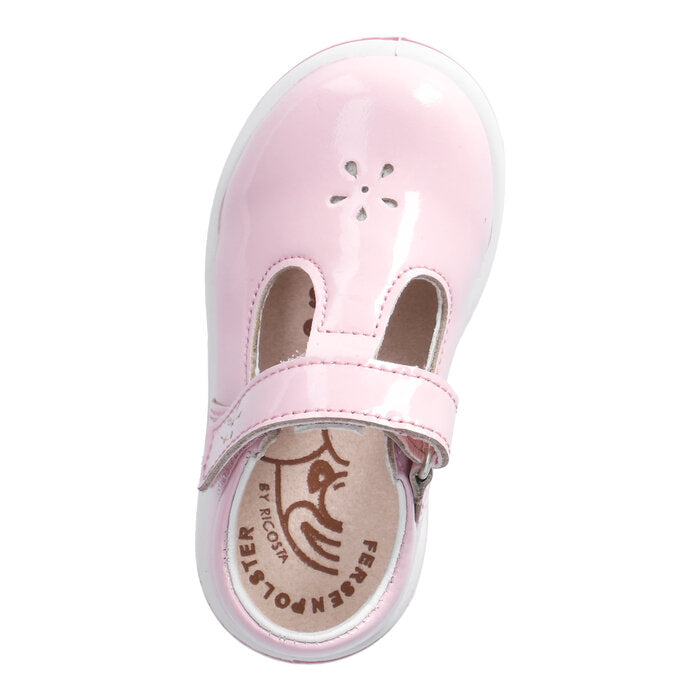 A girls T-Bar shoe by Ricosta, style Winona, in pale pink patent with velcro fastening. Top view.