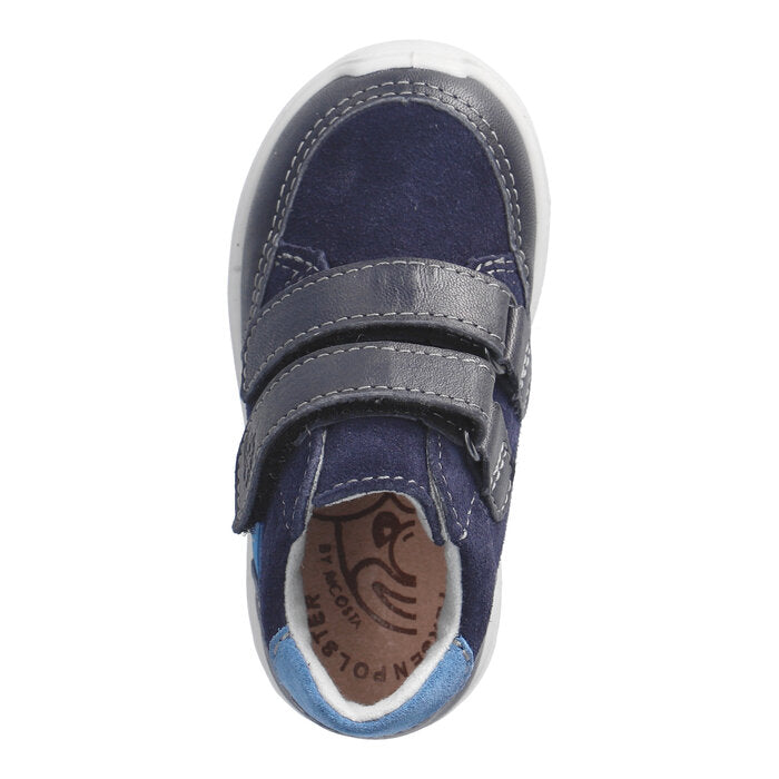 A boys waterproof boot by Ricosta, style Carlo, in blue multi with double velcro fastening. Above view.