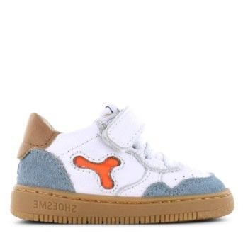 A unisex mid-top trainer by Shoesme, style BN24SO12-B, in white, light blue and orange motif on side. single velcro fastening and bungee lace. Right side view.