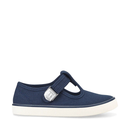 A unisex T-Bar canvas shoe by Start-Rite, style Treasure, in navy with white sole and silver buckle fastening. Right side view.