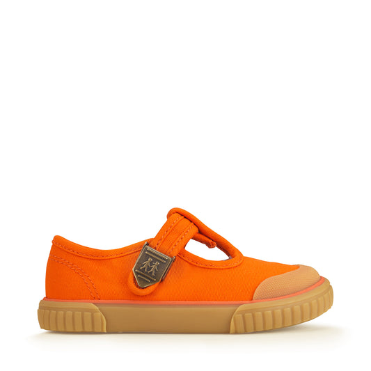 A unisex canvas T-Bar shoe by Start-Rite, style Anchor, in orange, with beige sole and toe bumper and buckle fastening. Right side view.
