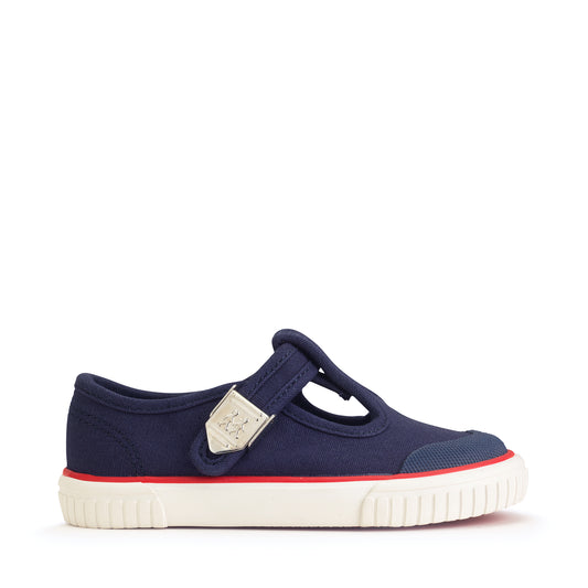A unisex canvas T-Bar shoe by Start-Rite, style Anchor, in navy, with white sole and red trim and silver buckle fastening. Right side view.