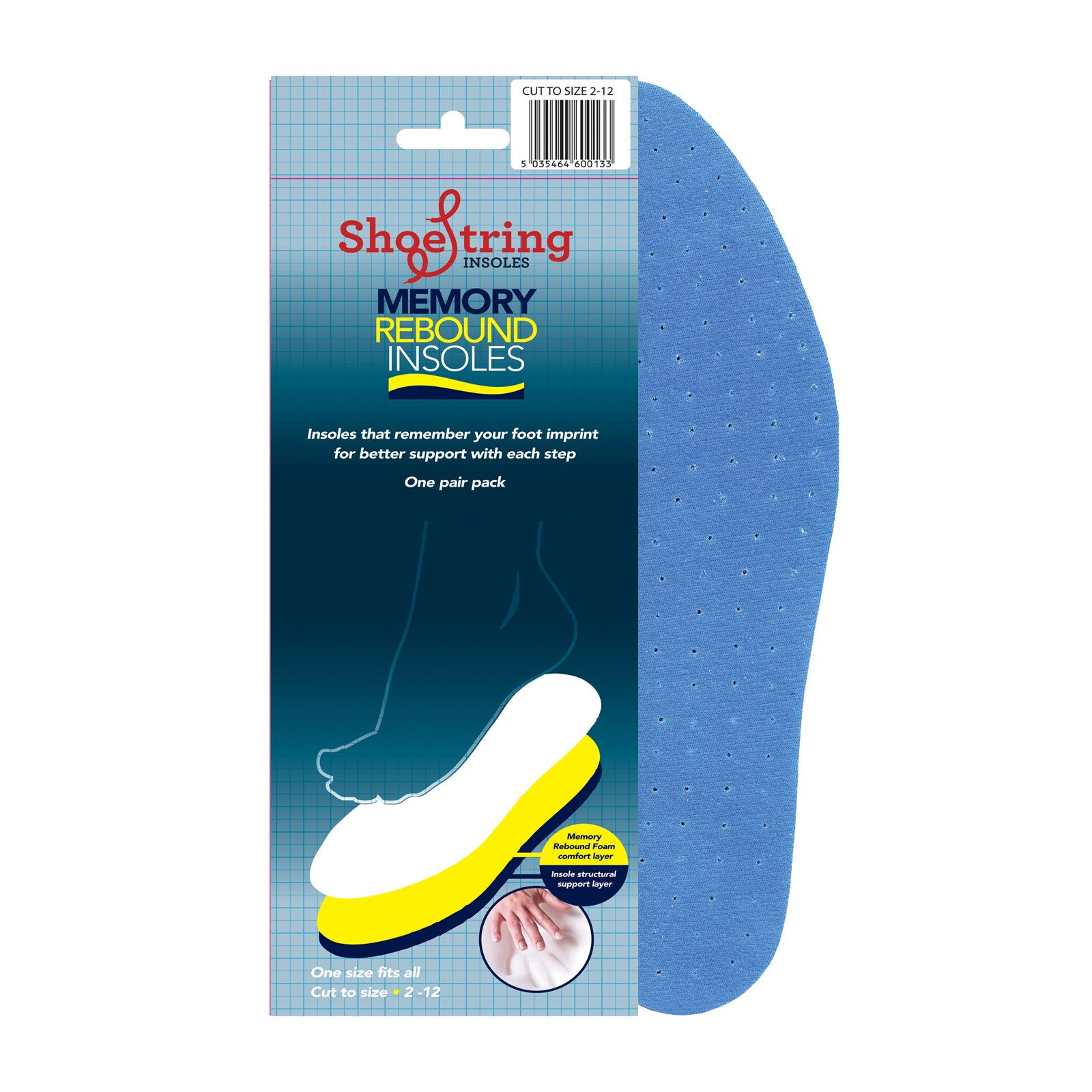 A blue cut to size memory rebound insole by Shoe String, at the side of packaging showing coloured layers of the insole. Front view.