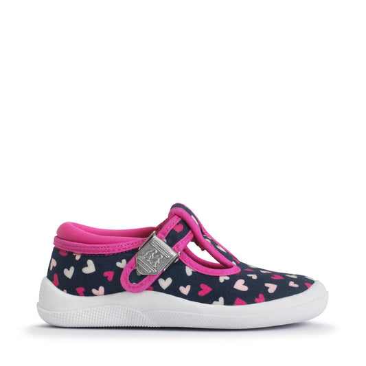 A girls shoe by Start-Rite, style Wriggles T bar, in navy with pink hearts and pink trim. Buckle fastening. Right side view.