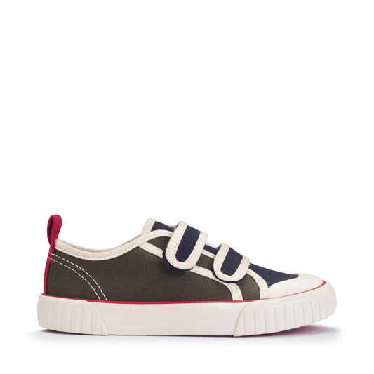 A boys canvas shoe by StartRite, style Tide in khaki/navy, with two velcro straps and white toe bumper. Right side view
