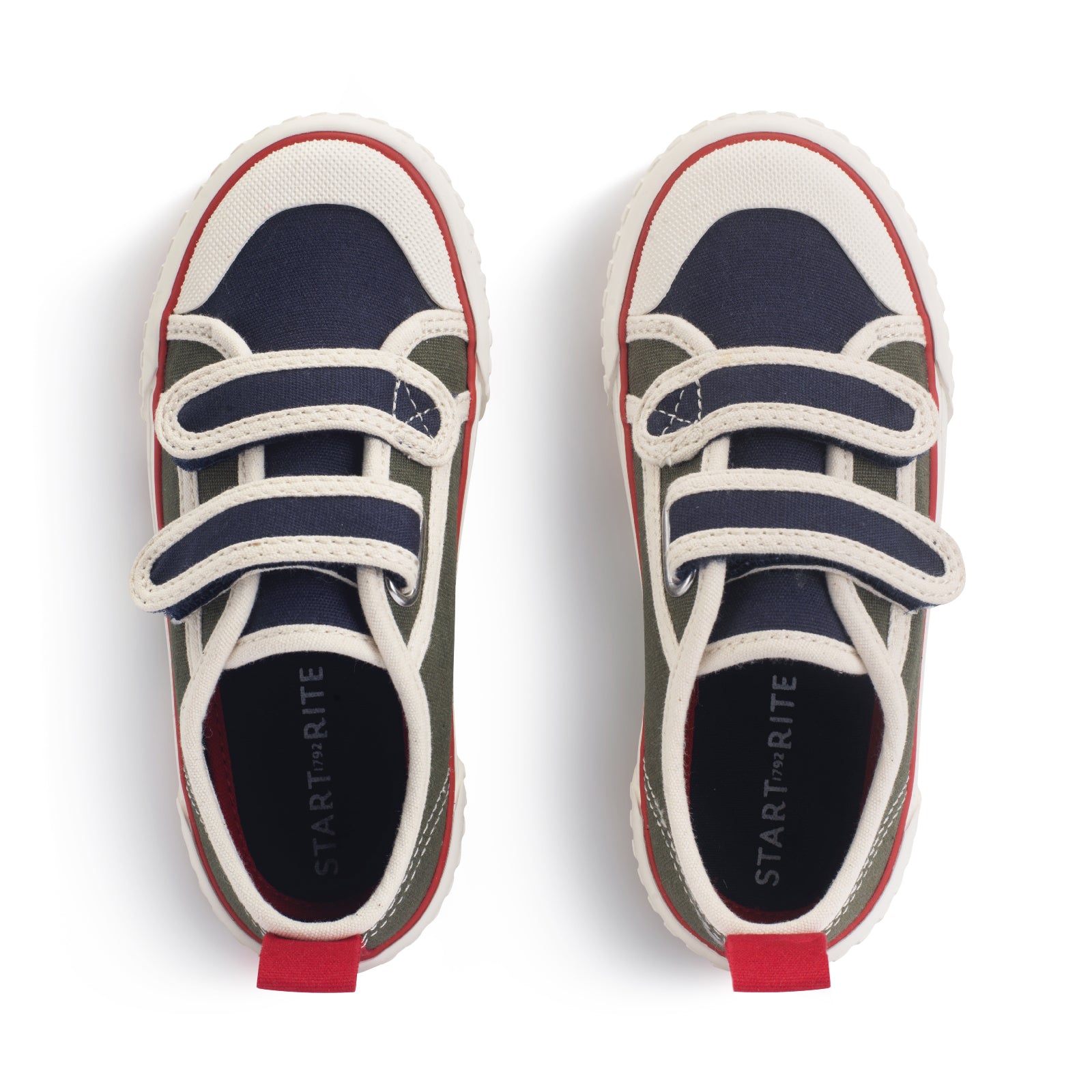 A boys canvas shoe by StartRite, style Tide in khaki/navy, with two velcro straps and white toe bumper. Top view of pair