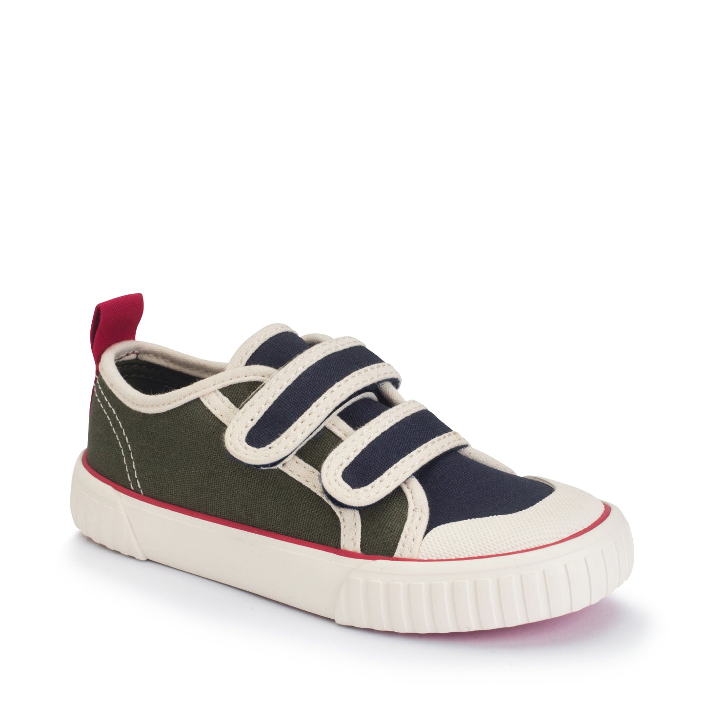 A boys canvas shoe by StartRite, style Tide in khaki/navy, with two velcro straps and white toe bumper. Angled right side view