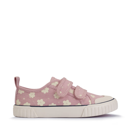 A girls canvas shoe by StartRite, style Tide in dusky pink with white flower pattern, two velcro straps and white toe bumper. Right side view
