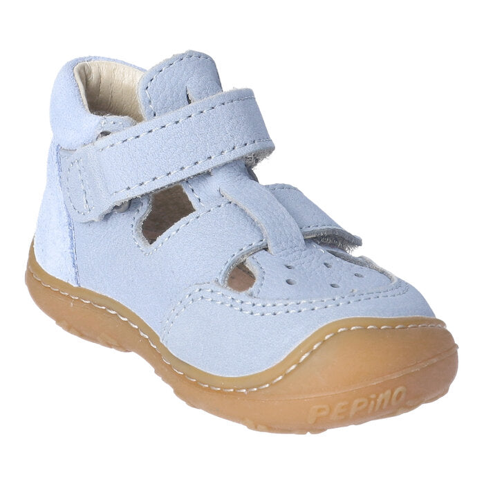 A unisex sandal/shoe by Ricosta, style Eni, in pale blue leather/nubuck with double velcro fastening. Angled view.