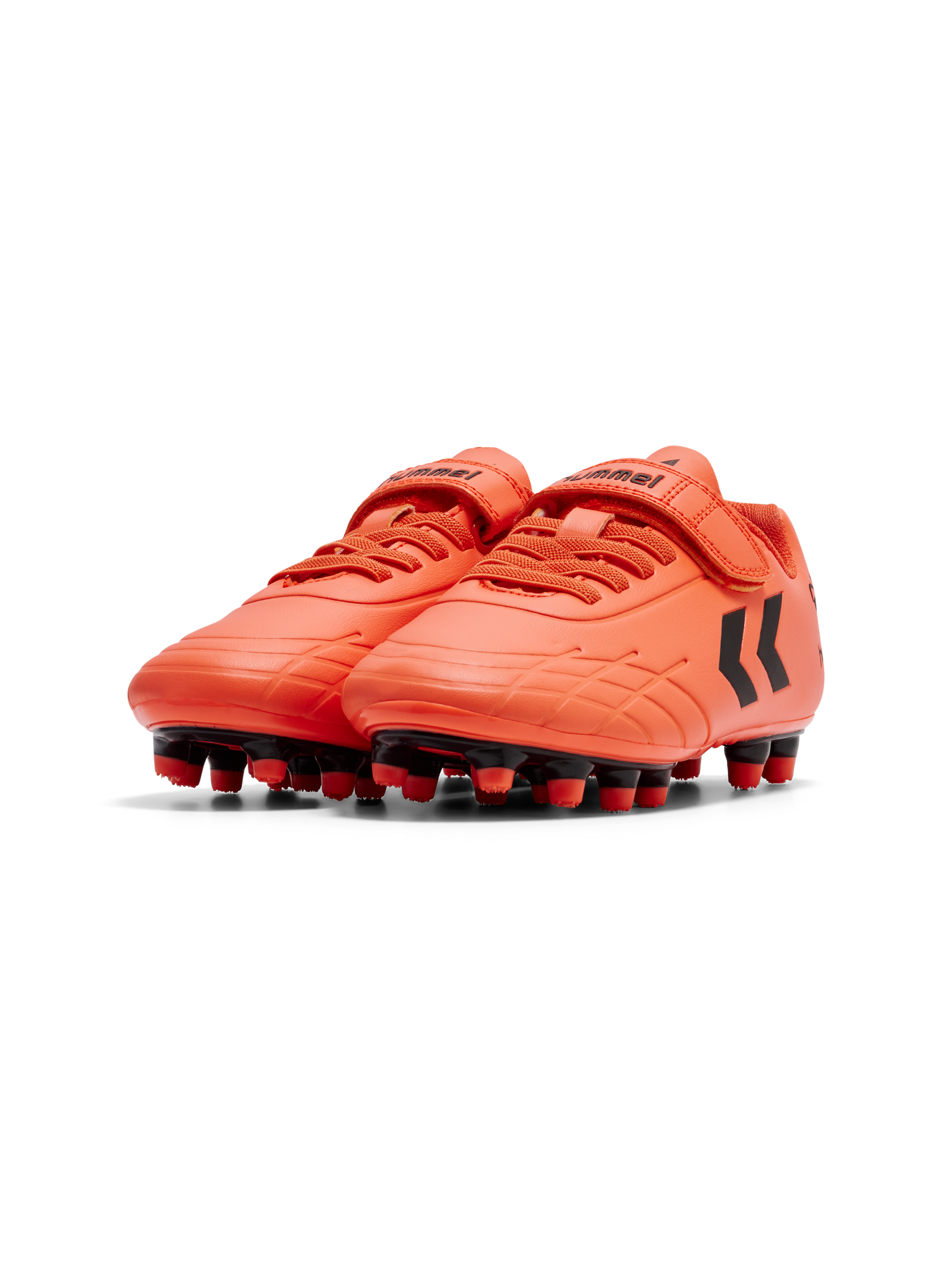 A football boot by Hummel, style Top Star F.G JR 216568-4127, in orange with black logo and velcro fastening. Angled right side view of a pair.