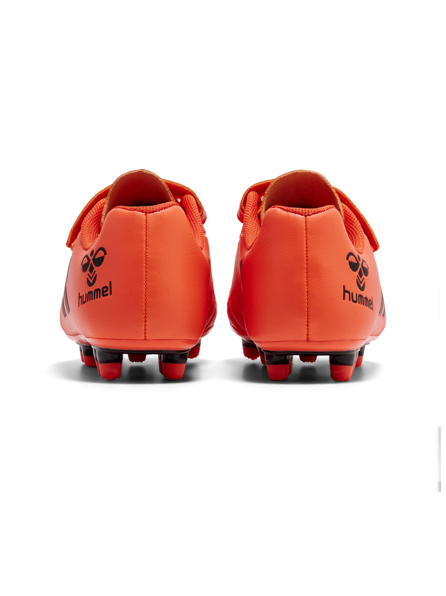 A football boot by Hummel, style Top Star F.G JR 216568-4127, in orange with black logo and velcro fastening. Back view of a pair.