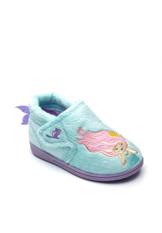 A girls slipper by Chipmunks, style Maisie Mermaid, in blue multi mermaid design with velcro fastening. Angled view of right side. 