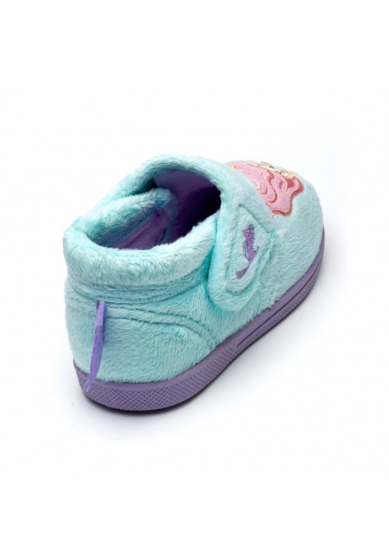 A girls slipper by Chipmunks, style Maisie Mermaid, in blue multi mermaid design with velcro fastening. View from back.