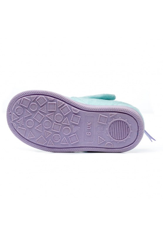 A girls slipper by Chipmunks, style Maisie Mermaid, in blue multi mermaid design with velcro fastening. View of lilac sole.