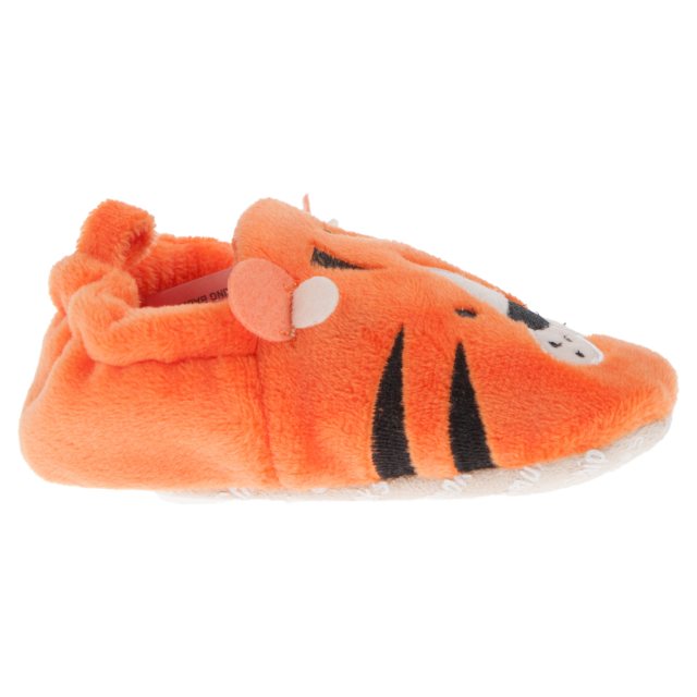 A unisex slipper by Chipmunks, style Tommy Junior, with tiger design in orange, white and black. Right side view.