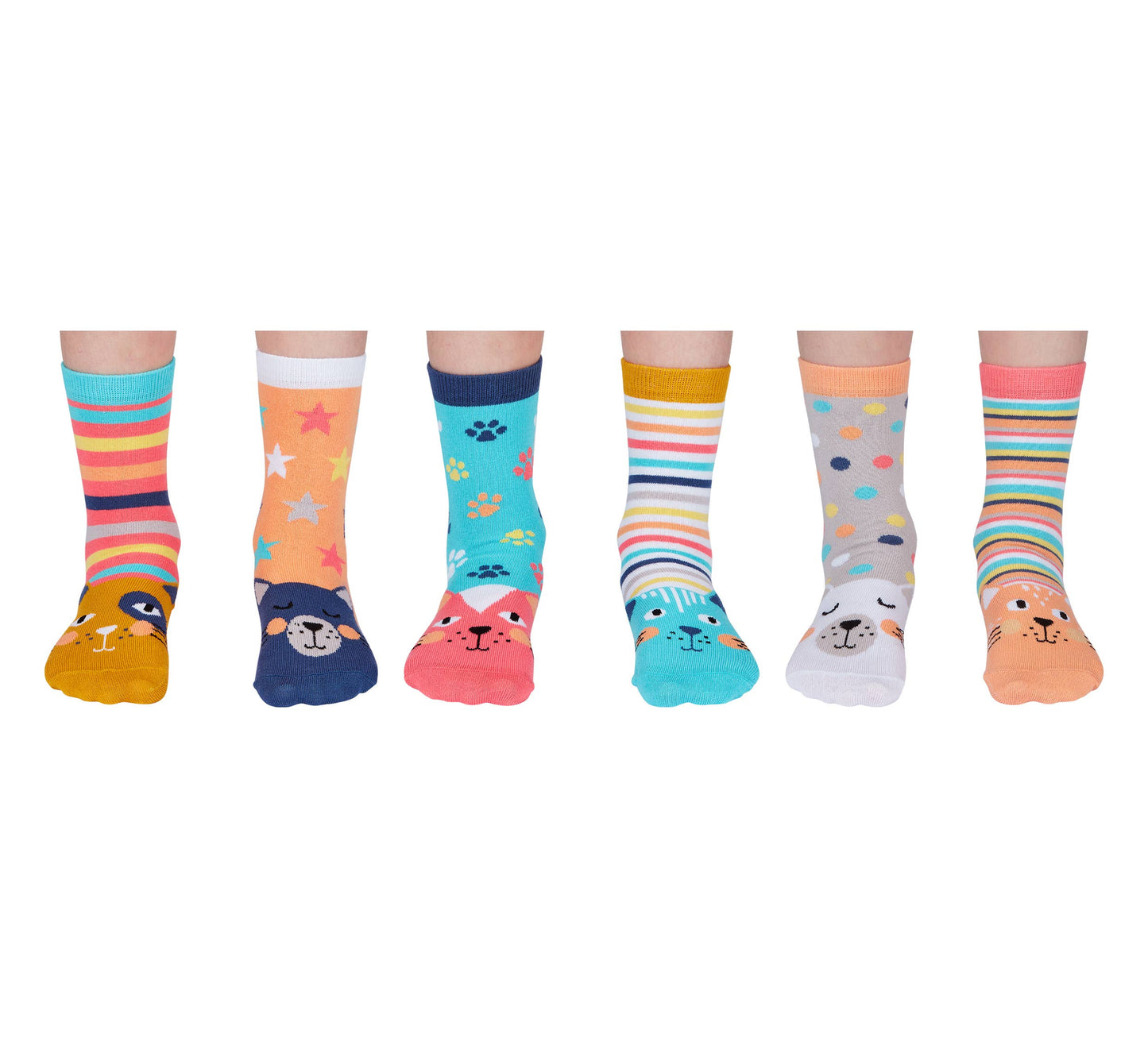 3 pairs of non matching multicoloured cat print socks by Odd Socks, style Catkins. Front view of children wearing socks.