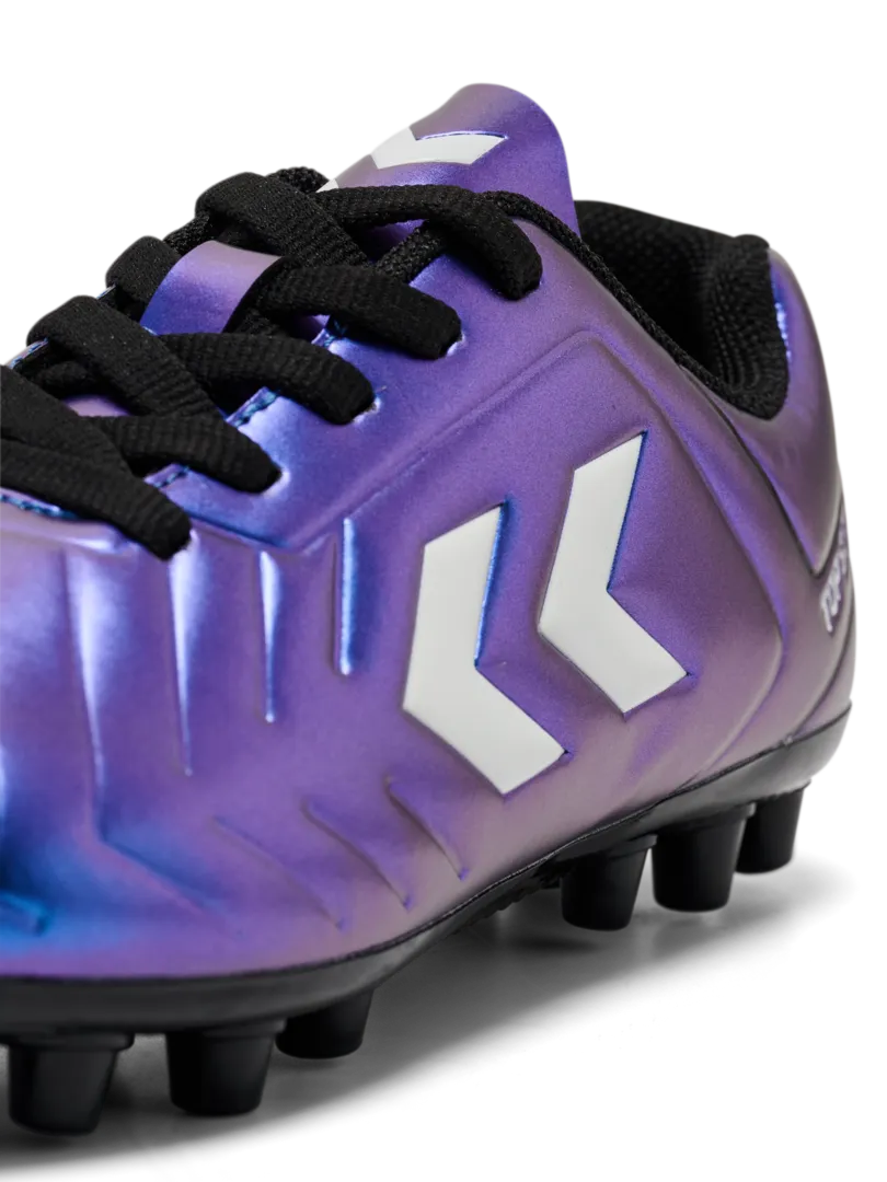 A multi ground football boot by Hummel, style Top Star M.G JR 236170-9639 in White Multi with lace fastening. Close up of angled view of white motif.