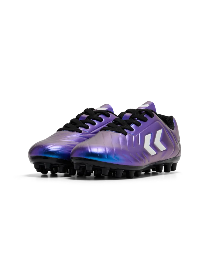 A multi ground football boot by Hummel, style Top Star M.G JR 236170-9639 in White Multi with lace fastening. Angled view of pair.