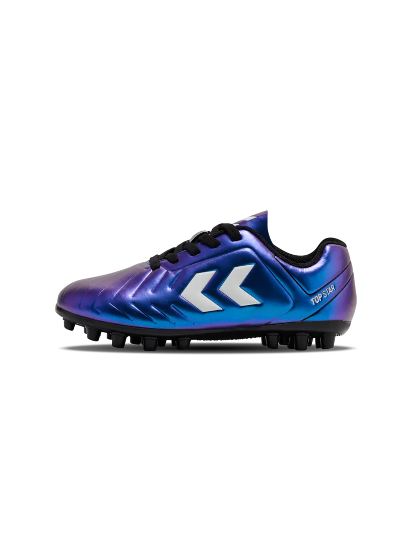 A multi ground football boot by Hummel, style Top Star M.G JR 236170-9639 in White Multi with lace fastening. Right side view.