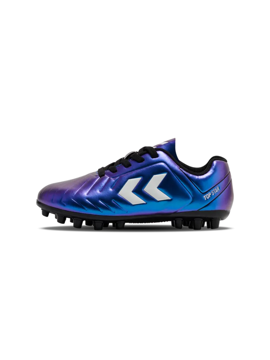 A multi ground football boot by Hummel, style Top Star M.G JR 236170-9639 in White Multi with lace fastening. Right side view.