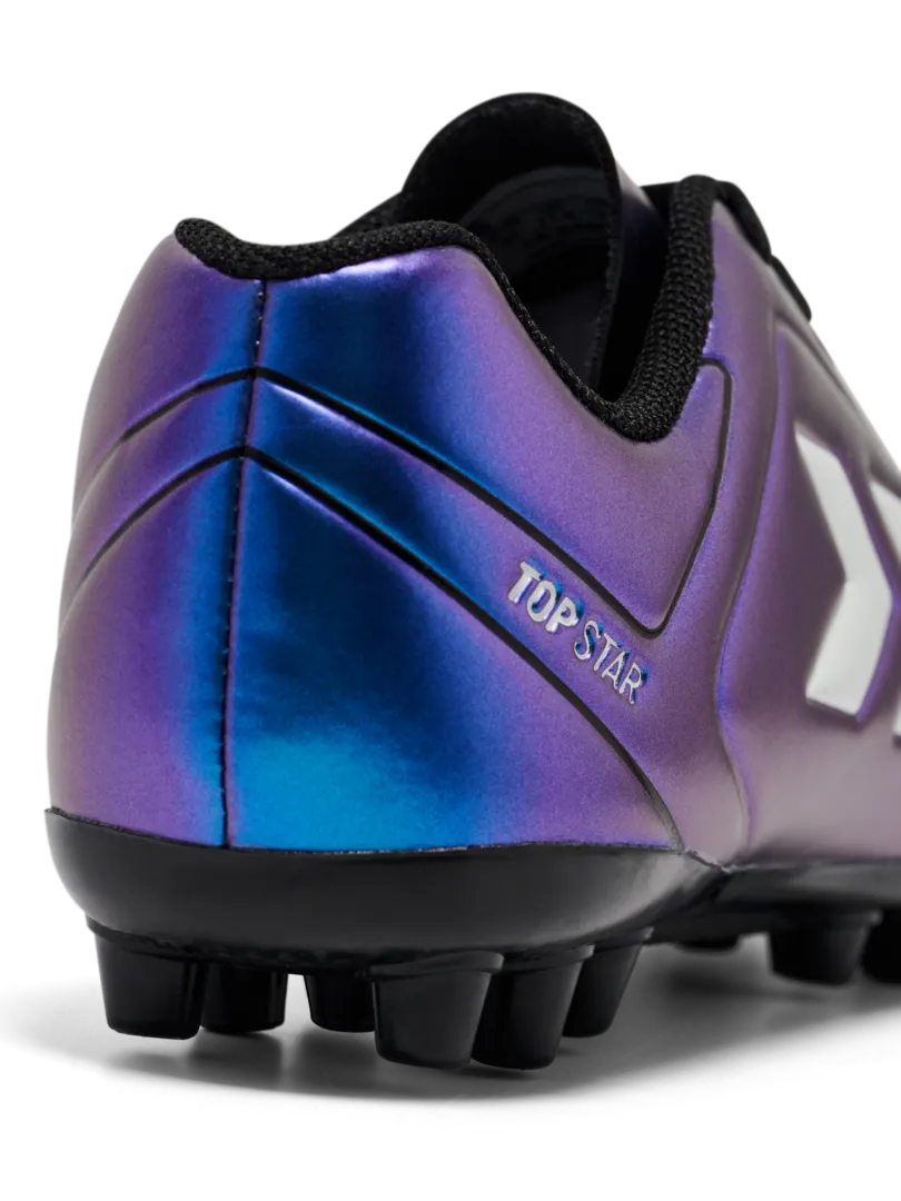 A multi ground football boot by Hummel, style Top Star M.G JR 236170-9639 in White Multi with lace fastening. Close up of heel.