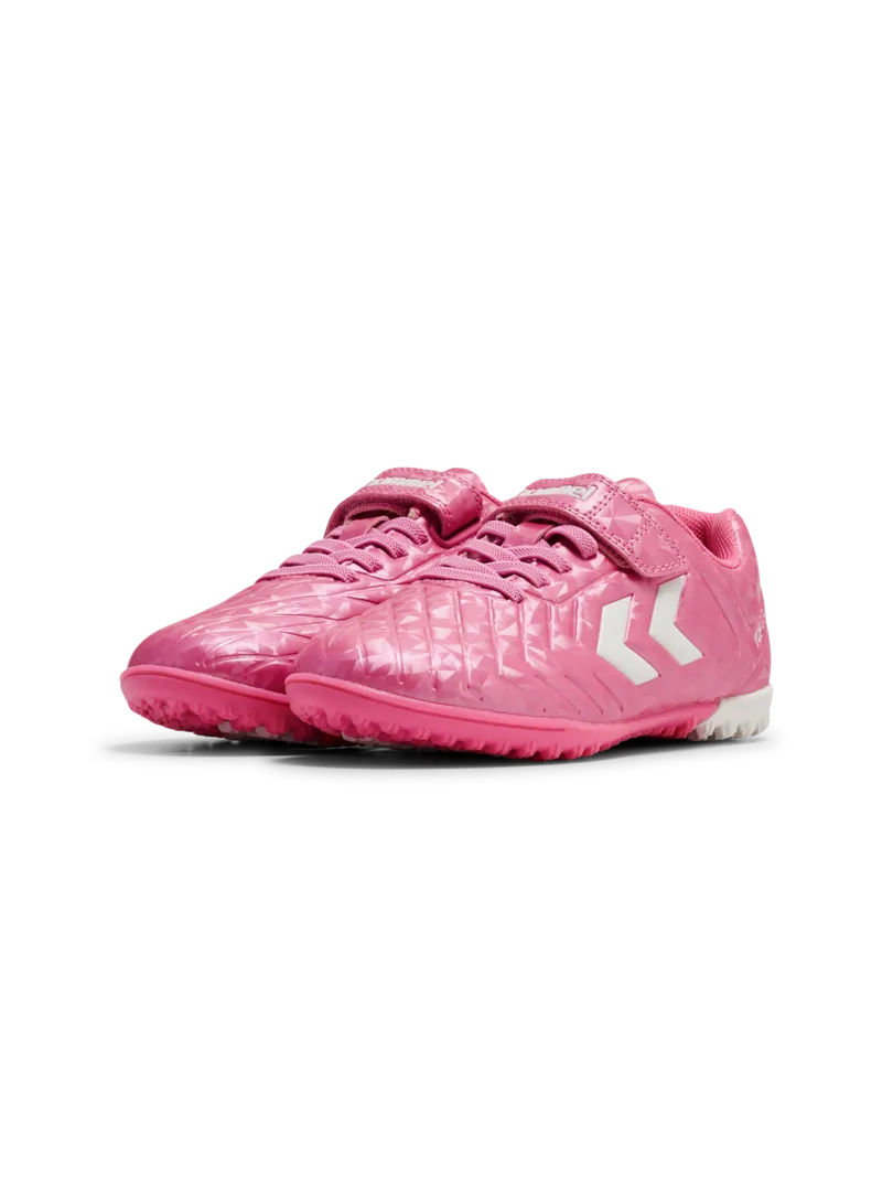 A hard ground/astro turf football boot by Hummel, style Top Star Turf VC 2.0 JR 234863-3924 in Aurora Pink with velcro strap and elastic laces. Angled view of pair