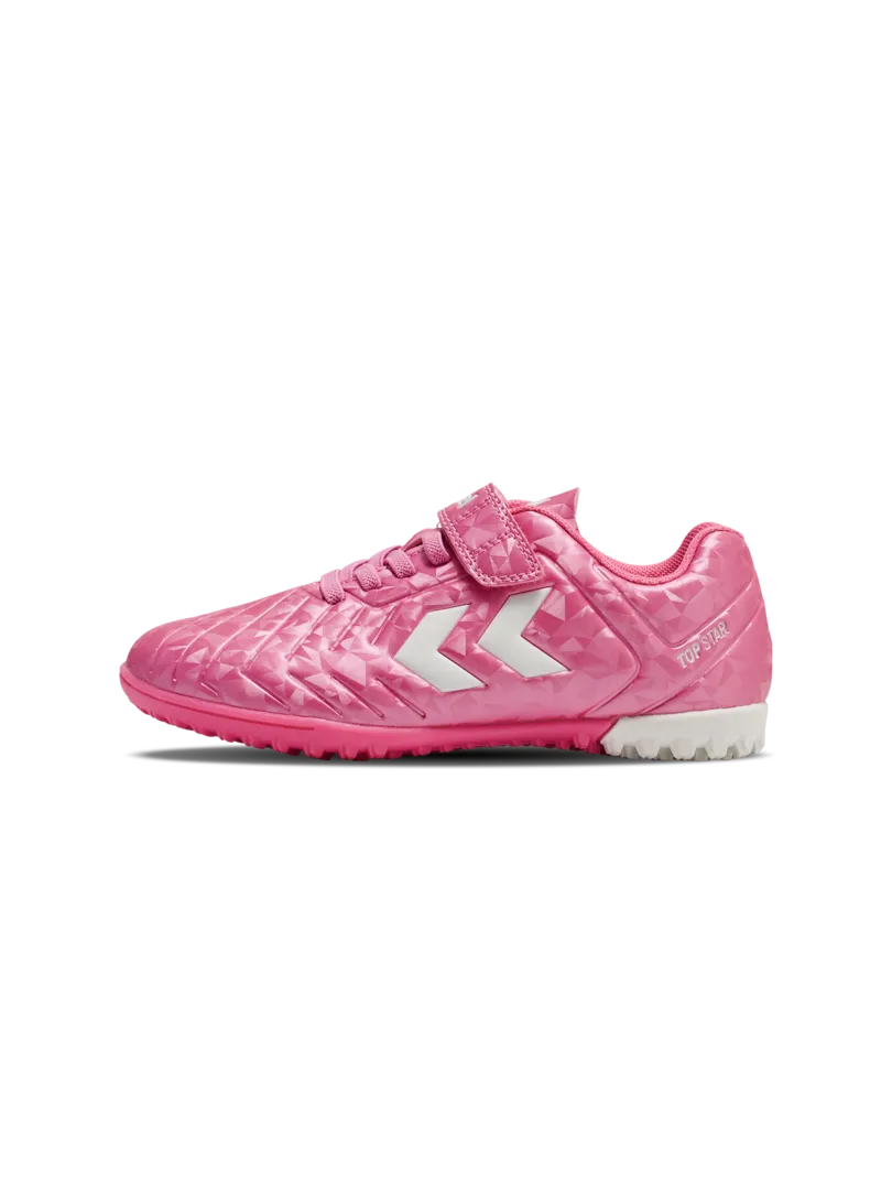 A hard ground/astro turf football boot by Hummel, style Top Star Turf VC 2.0 JR 234863-3924 in Aurora Pink with velcro strap and elastic laces. Left side view