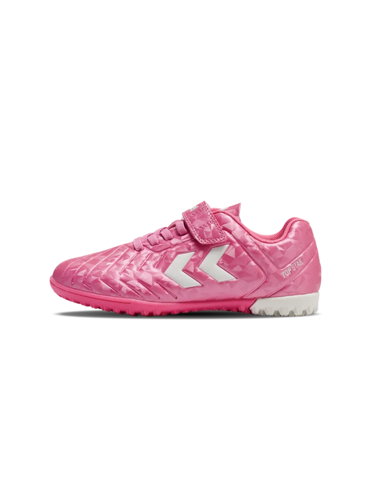 A hard ground/astro turf football boot by Hummel, style Top Star Turf VC 2.0 JR 234863-3924 in Aurora Pink with velcro strap and elastic laces. Left side view
