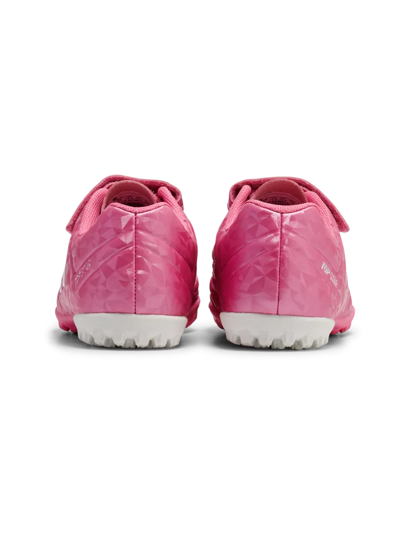 A hard ground/astro turf football boot by Hummel, style Top Star Turf VC 2.0 JR 234863-3924 in Aurora Pink with velcro strap and elastic laces. Back view of pair