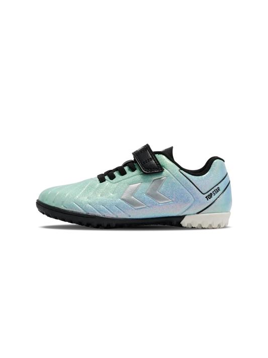 A hard ground/astro turf football boot by Hummel, style Top Star Turf VC 2.0 JR 234863-7162 in Allure with velcro strap and elastic laces. Left side view