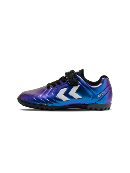 A hard ground/astro turf football boot by Hummel, style Top Star Turf VC 2.0 JR 234863-9639 in White Multi with velcro strap and elastic laces. Left side view
