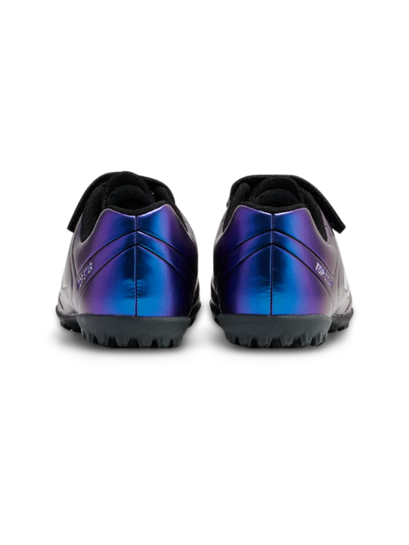 A hard ground/astro turf football boot by Hummel, style Top Star Turf VC 2.0 JR 234863-9639 in White Multi with velcro strap and elastic laces. Back view of pair