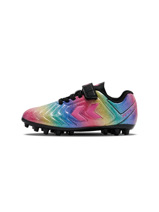 A multi ground football boot by Hummel, style Top Star M.G VC 2.0 JR 236169-3638 in Pink-A-Boo with velcro strap and elastic lace. Left side view.