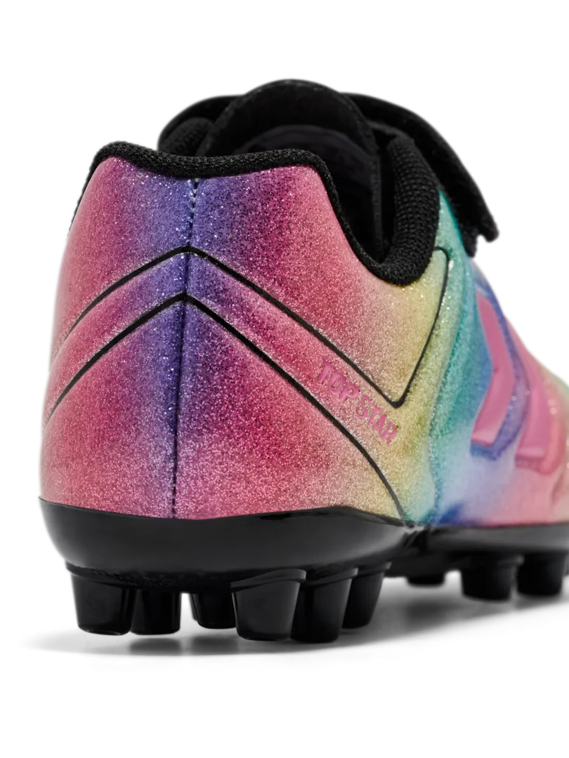 A multi ground football boot by Hummel, style Top Star M.G VC 2.0 JR 236169-3638 in Pink-A-Boo with velcro strap and elastic lace. Zoomed image of back