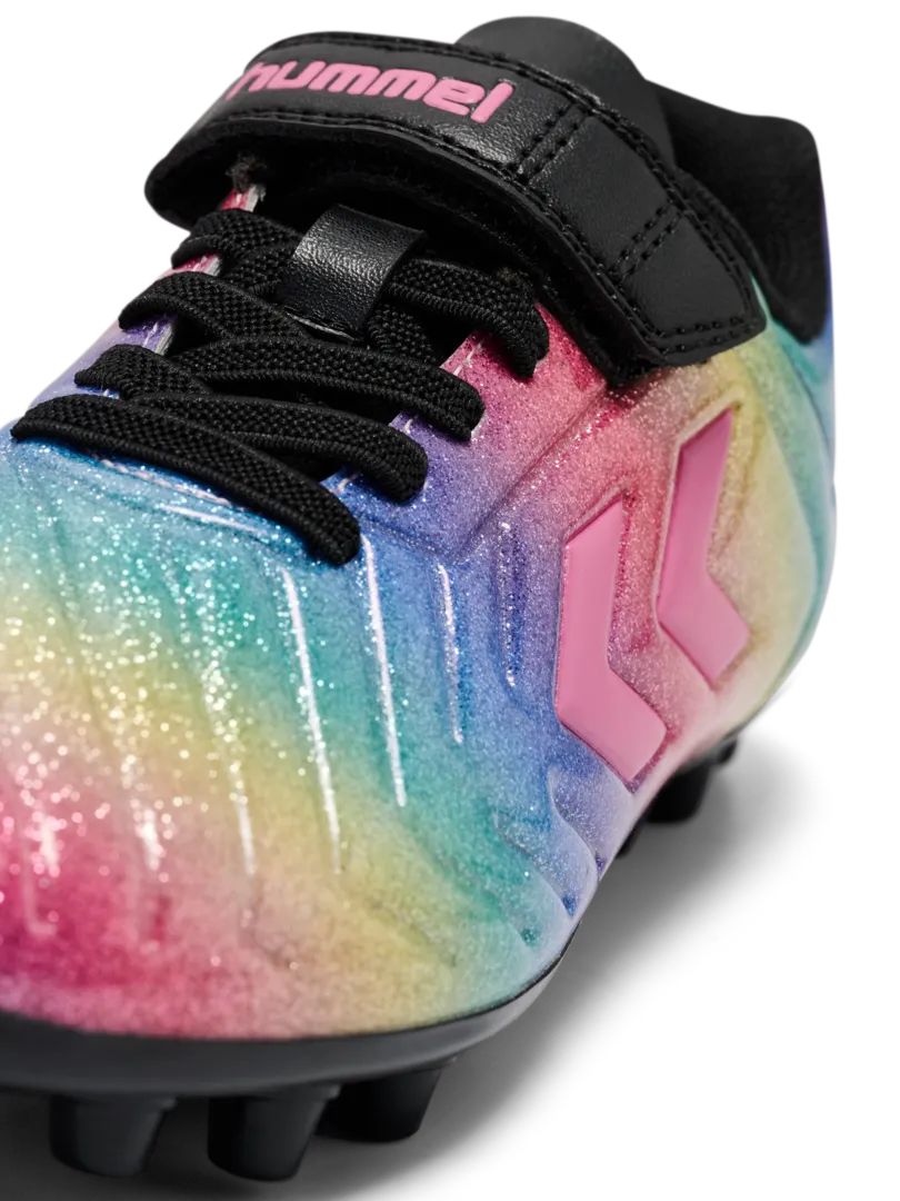 A multi ground football boot by Hummel, style Top Star M.G VC 2.0 JR 236169-3638 in Pink-A-Boo with velcro strap and elastic lace. Zoomed front view